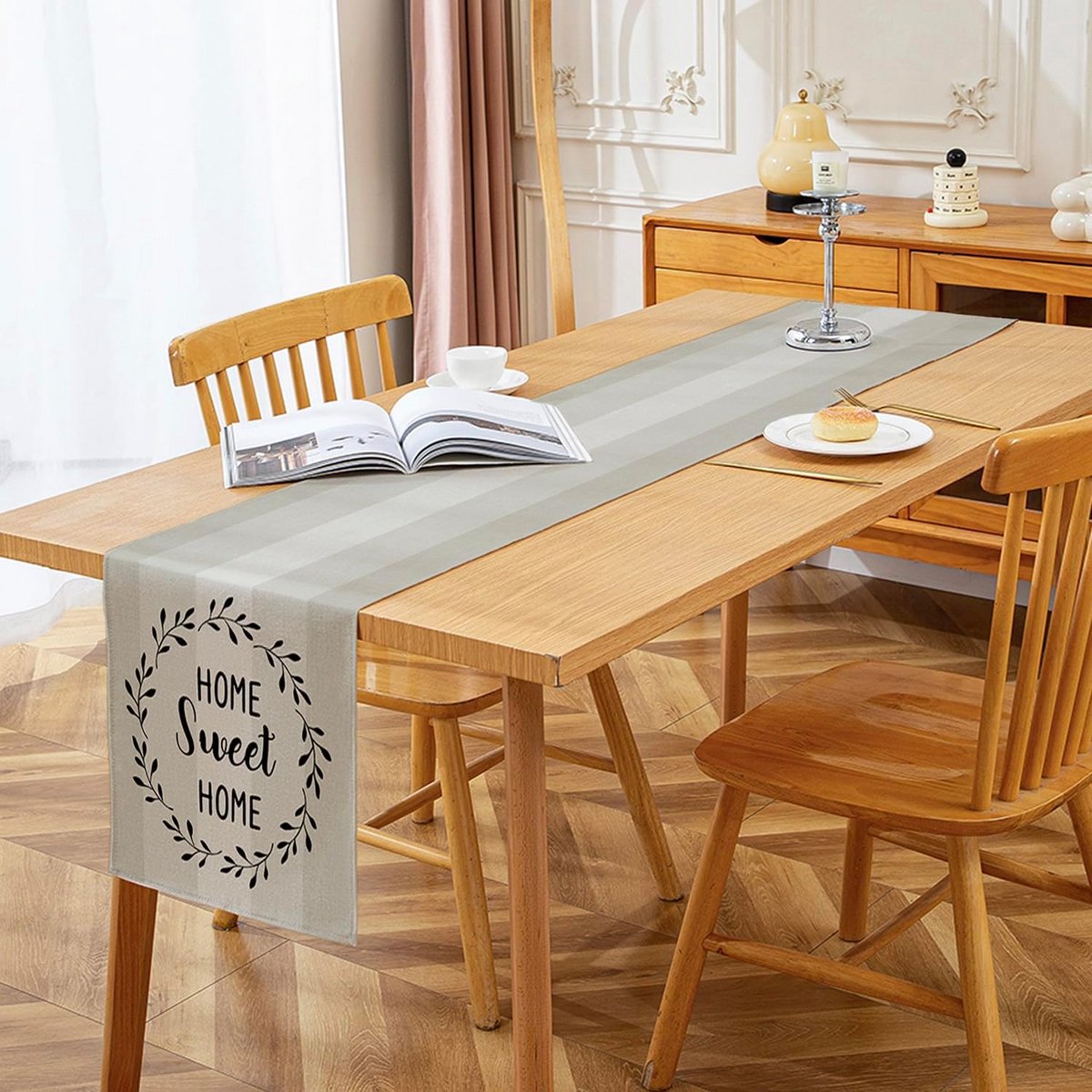 Tafelloper Strepen Beige Modern Wasbaar 40 x 140 cm