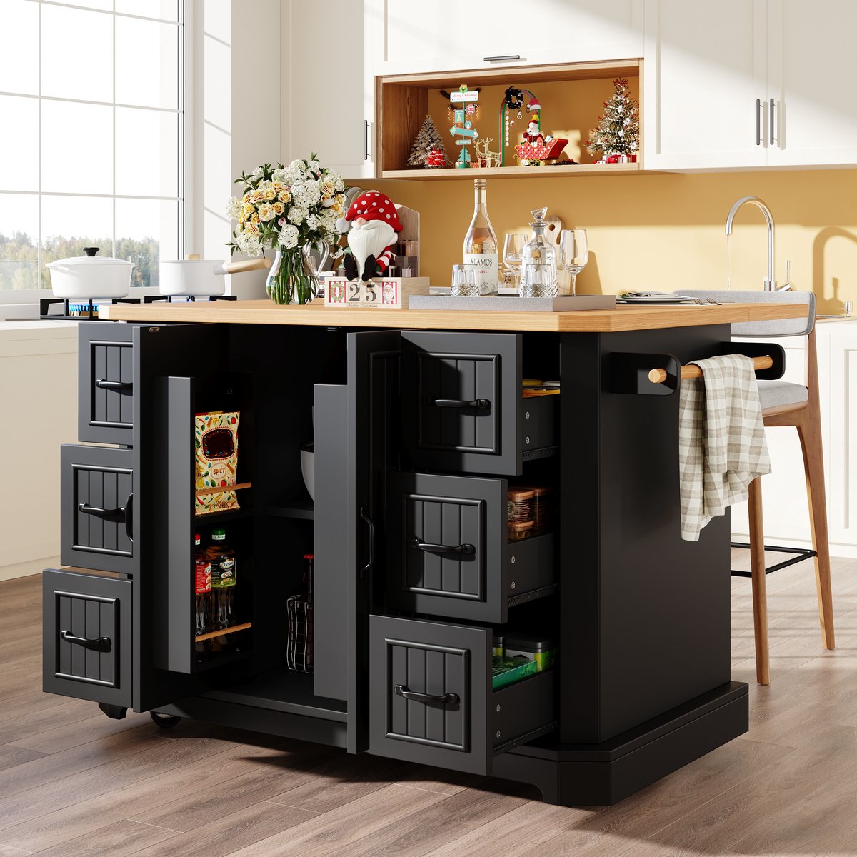 STILVORA Keukeneiland - Verrijdbare Keukenwagen Met 2 Deuren En 6 Lades - Extra Werkblad En Opbergen Voor Keuken - MDF Metaal - Zwart - 120x45x91 Cm
