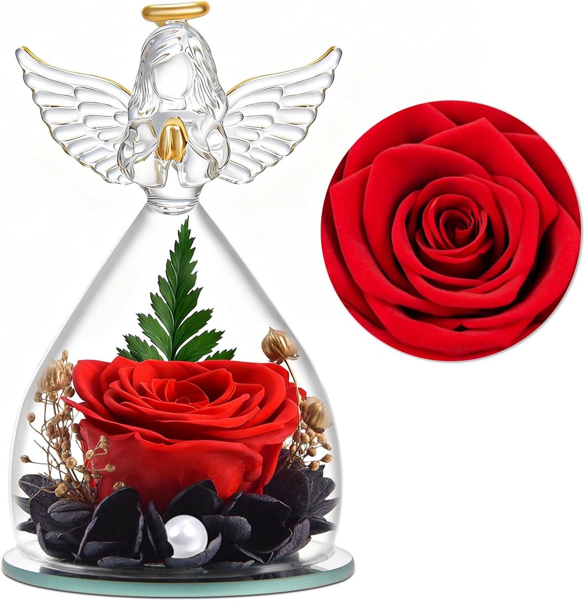 Eeuwige Roos met Engel in Glazen Stolp - Blijvend Cadeau voor Moederdag en Valentijnsdag