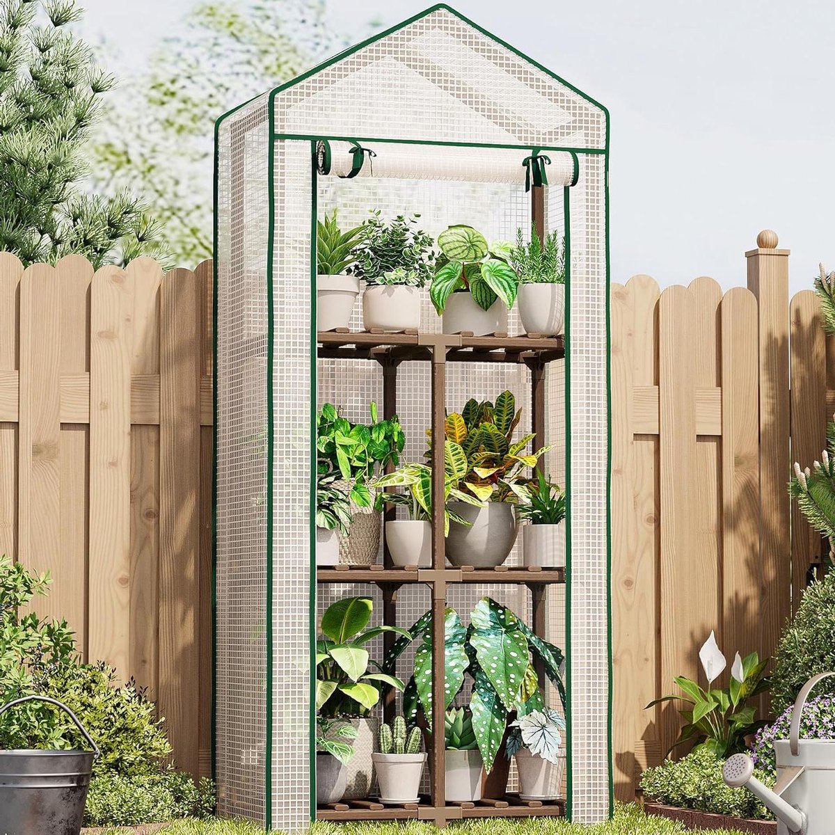 Tuinhuis 3-Laags Herbruikbaar Draagbaar Warmhuis PE Deksel Compact Plantenbescherming Eucalyptus Frame