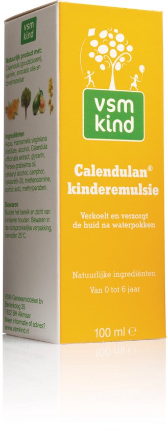 Gele doos met "vsm kind" logo en tekst "Calendulan kinderemulsie". Ingrediëntenlijst op zijkant.