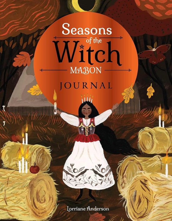 Seasons of the Witch Mabon Journal: een illustratie van een vrouw in witte jurk met rode details, met kaarsen en balen stro.