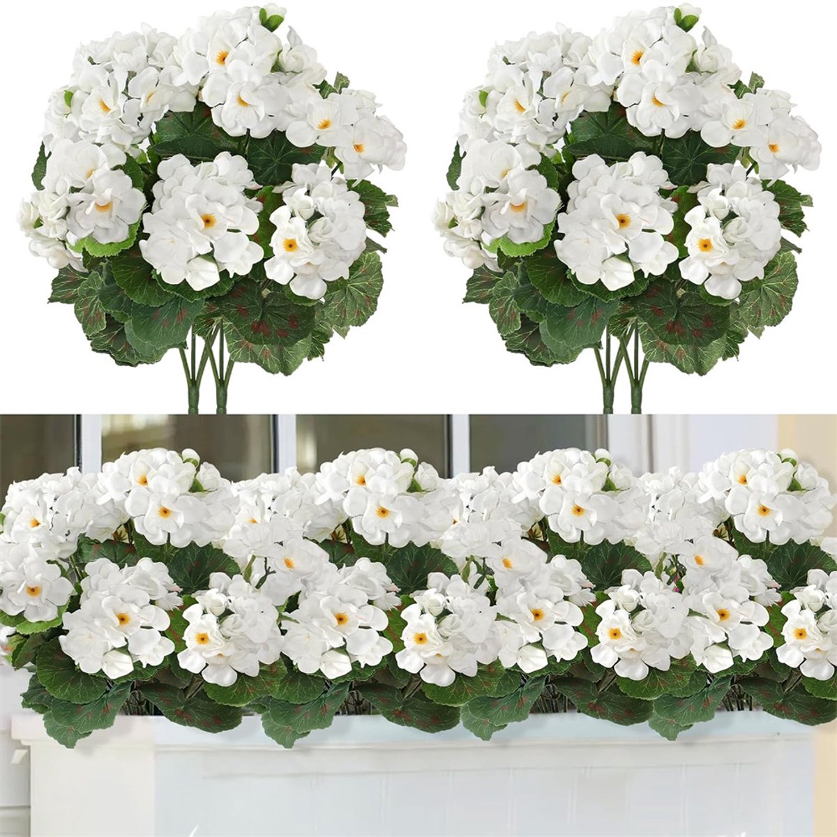 4 stuks kunstmatige geraniumbloemen, UV-bestendige kunstbloemen voor buiten, Realistische kunstgeraniums in een boeket voor huis, tuin, bruiloft, binnen- en buitendecoratie, Wit