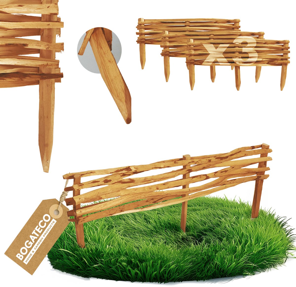 BOGATECO Hazelnoot Insteekhek Set van 3 - 120 x 20 cm - Tuinhek & Bedborder - Natuurlijk Pikethekwerk - Bruin