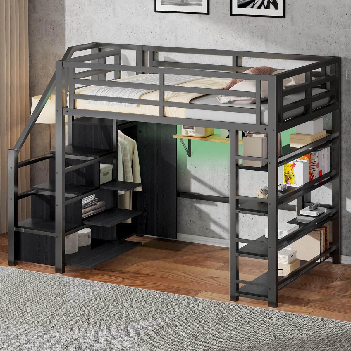 Metalen Hoogslaper 140x200 cm - Inclusief Kledingkast, Opbergvakken & Kast - Met LED Verlichting - Ruimtebesparend Loft Bed - Zwart