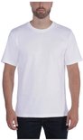 Man draagt een witte T-shirt met korte mouwen en ronde hals.