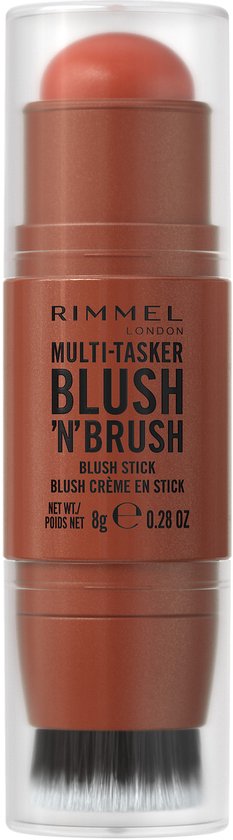 Rimmel London Multi-Tasker Blush 'N'Brush stick in de kleur Nearly Suede, met ingebouwd kwastje.