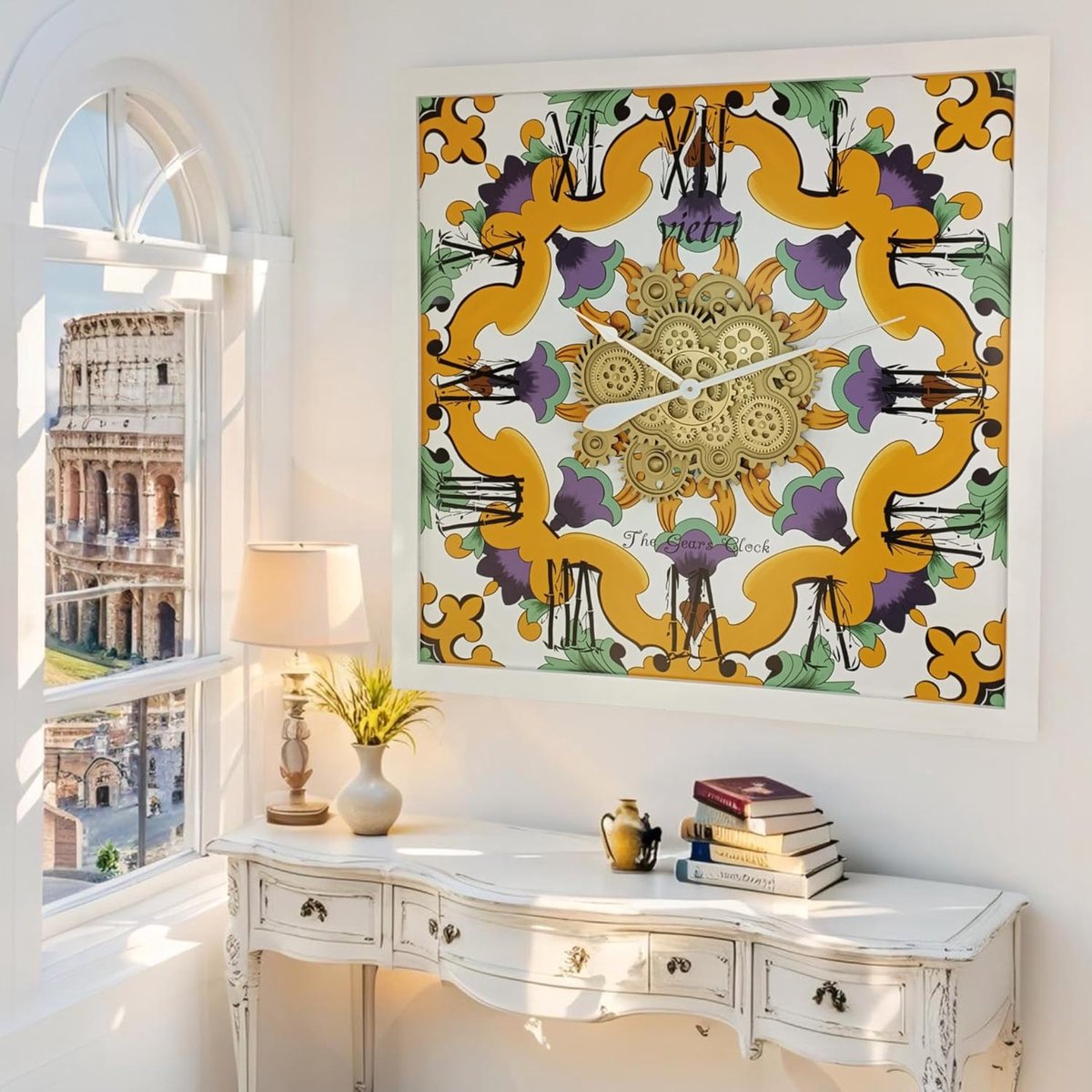 Tandwielen Wandklok - Klassieke Klok - Stijlvolle Woondecoratie - Bewegende Tandwielen - 91 cm Vierkant - Italiaans Design