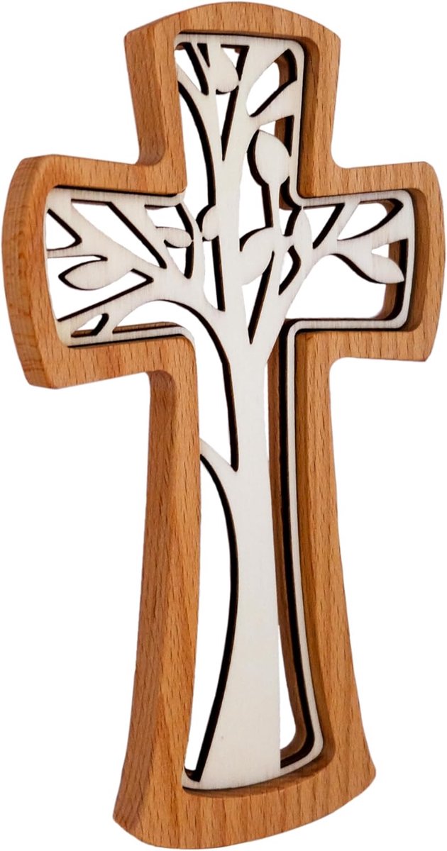Wandkruis Hout - Levensboom Kruis - Decoratie Woning - Echt Beukenhout - 30x17 cm - Meerkleurig