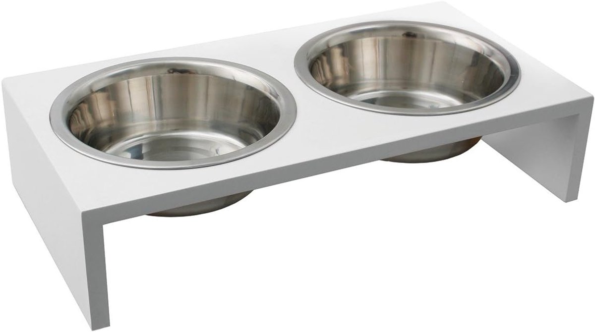 Voerbak Set - Dubbele Hondenbak - Voeding en Water - Stabiele Houten Basis - 2x 650ml - Wit