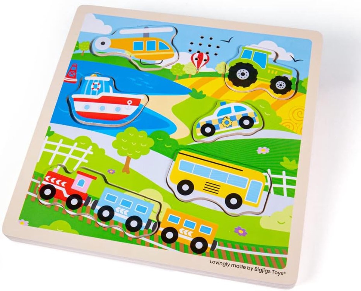 Geluidspuzzel Transport - Houten Legpuzzel - Ontwikkeling Kind - Realistische Geluiden - 22x22 cm