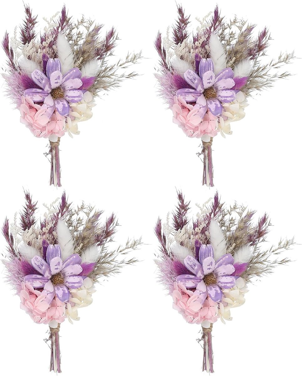 Droogbloemen Boeket - Natuurlijk Pampasgras - Woondecoratie Knutselen - Unieke Handgemaakte Bloemen - 20x20x11 cm - Paars Wit