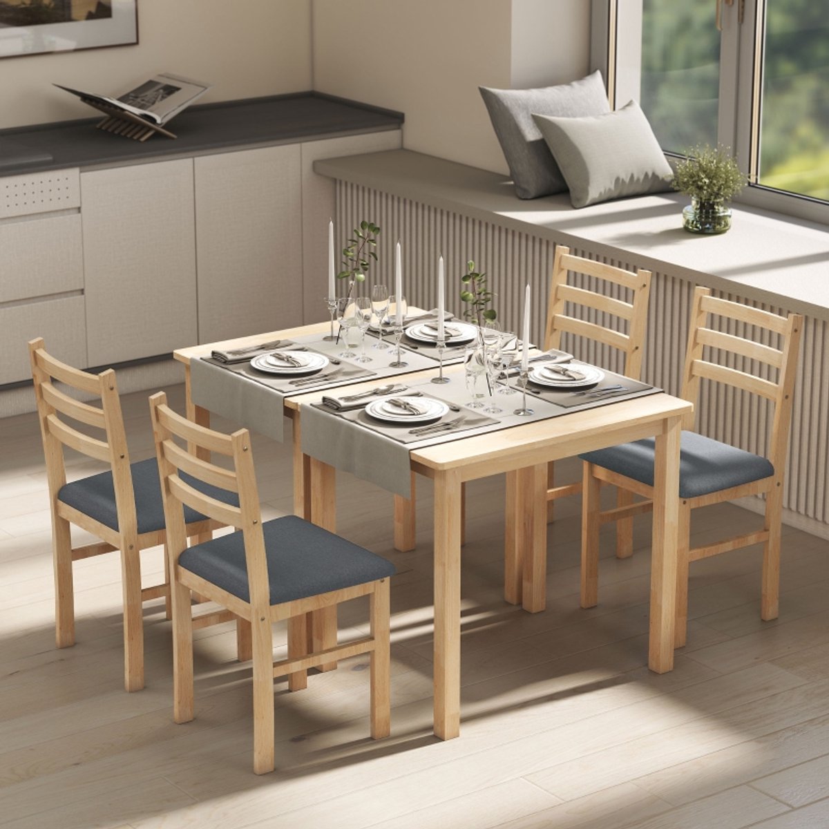 MODFU - 3-Delige Eethoek - Ruimtebesparend - Rustieke Stijl - Voor Keukenhoek - MDF En Polyester - Naturel Hout