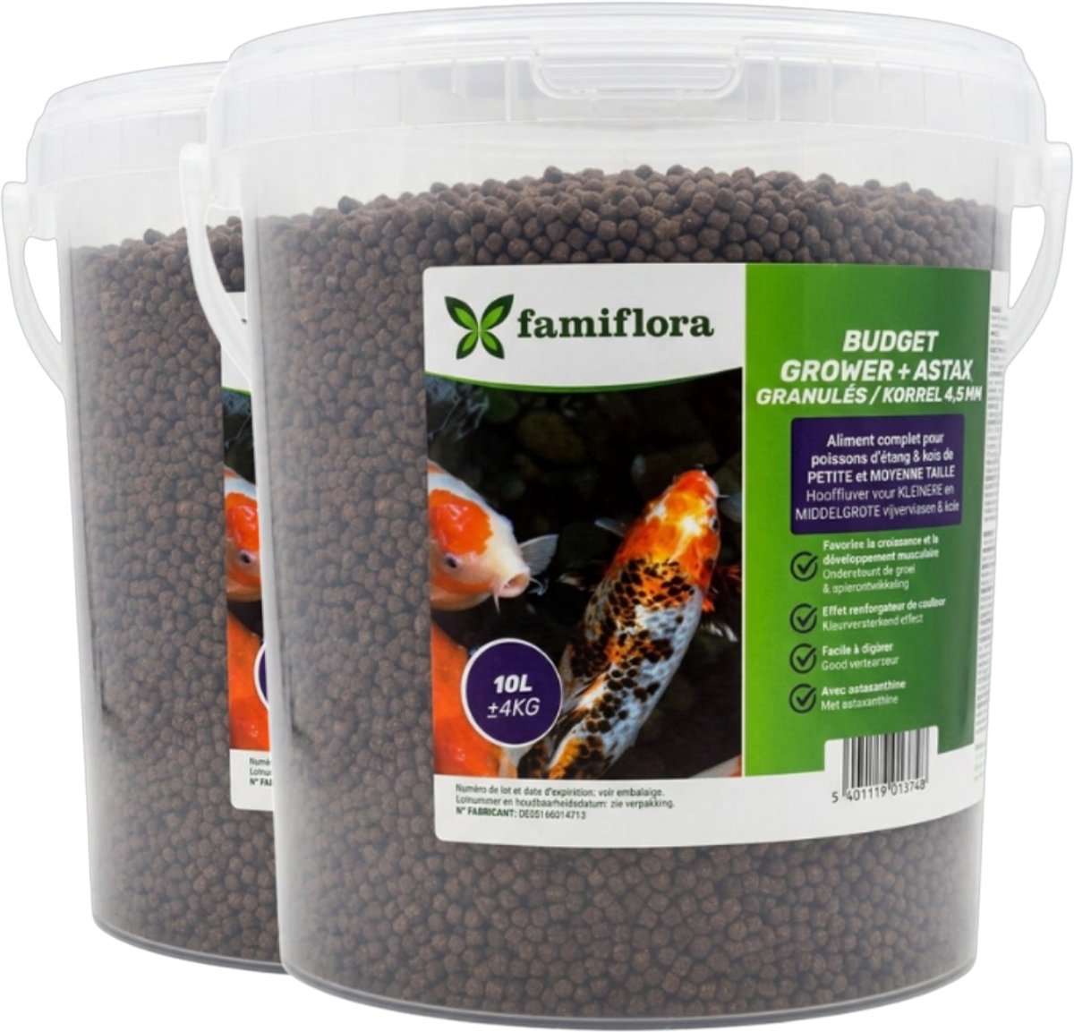 Famiflora Grower Astax koivoer - 2x 10L (= 20L / 8KG) - 4,5mm korrel - Premium grower voor koivissen - Voer voor vijvervissen - Korrelgrootte van 4,5 mm - Bevat astaxanthine