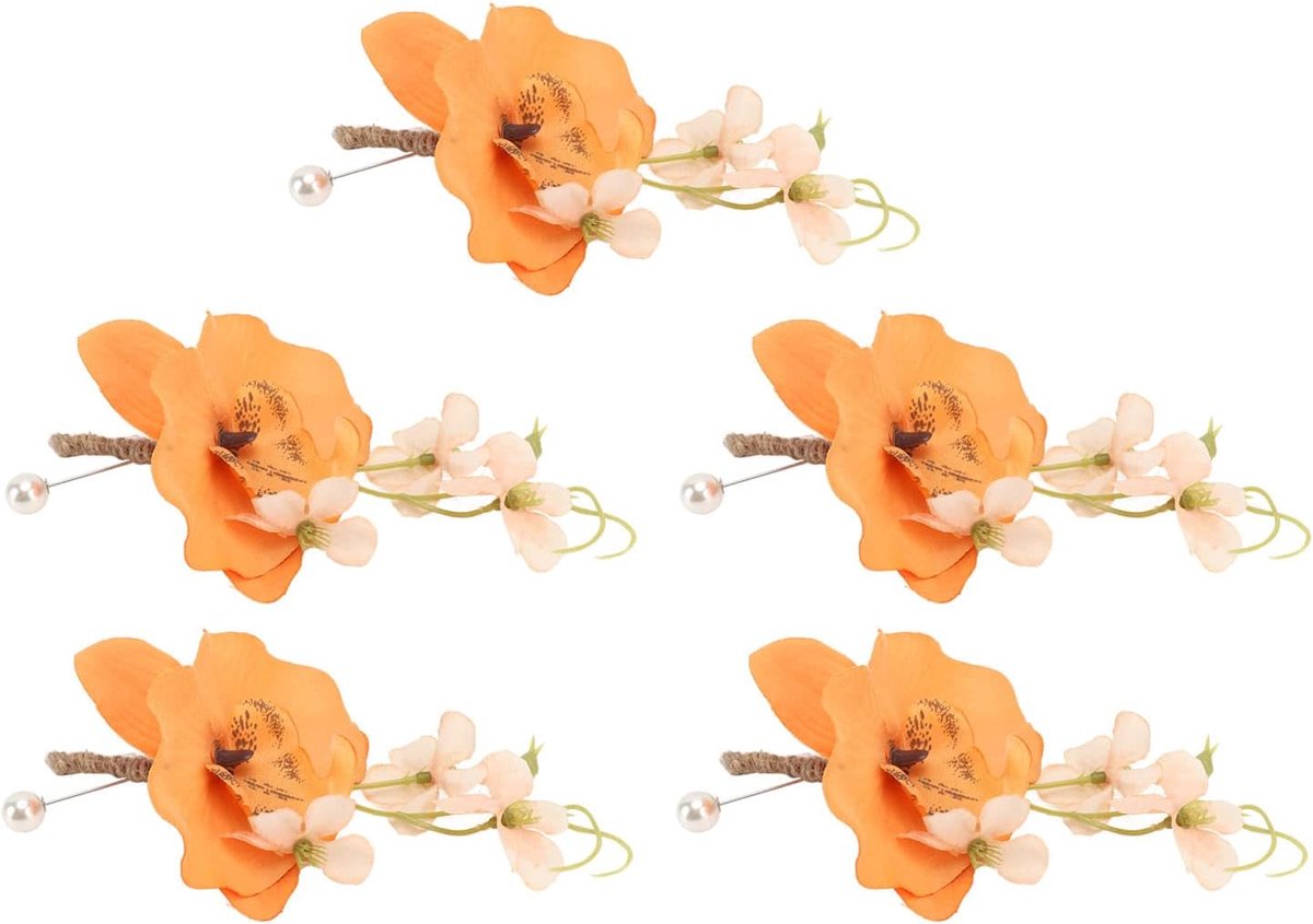 Bruidegom Boutonniere Set - Bruiloft Bloem - Feestelijke Decoratie - Levensechte Kunstbloemen - 10x10 cm - Oranje