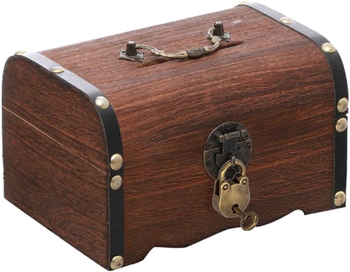 Schatkist van Hout - Retro Kist Spaarpot - Muntjes Opbergen - Met Slot en Sleutel