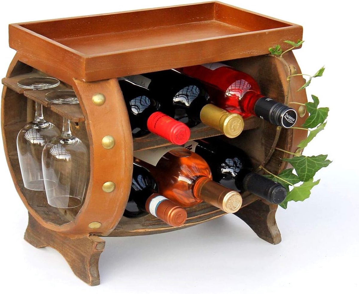 Wijnrek van hout in de vorm van een wijnvat - 33 cm - Flessenstandaard met glazenhouder voor 6 flessen en 4 glazen