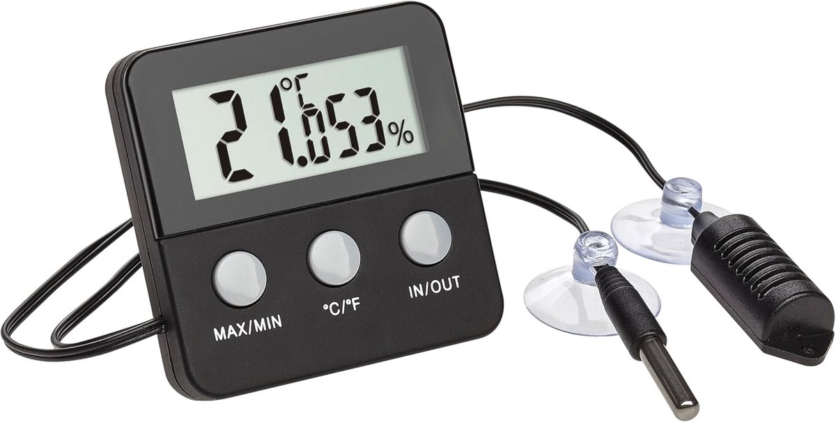 Digitale Thermo-Hygrometer - Klimaatmeter Terrarium - Terrarium Klimaatbeheer - Dubbele Kabelsensoren - 6.5 x 6.5 cm - Zwart