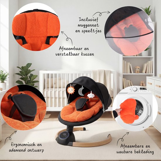 3Babies® Baby Swing - Elektrisch Wipstoel - Babyschommel - Elektrische Schommelstoel baby - Wasbare Bekleding - Afstandsbediening en App - Teddy Materiaal - Oranje en zwart van 3Babies® — afbeelding 3