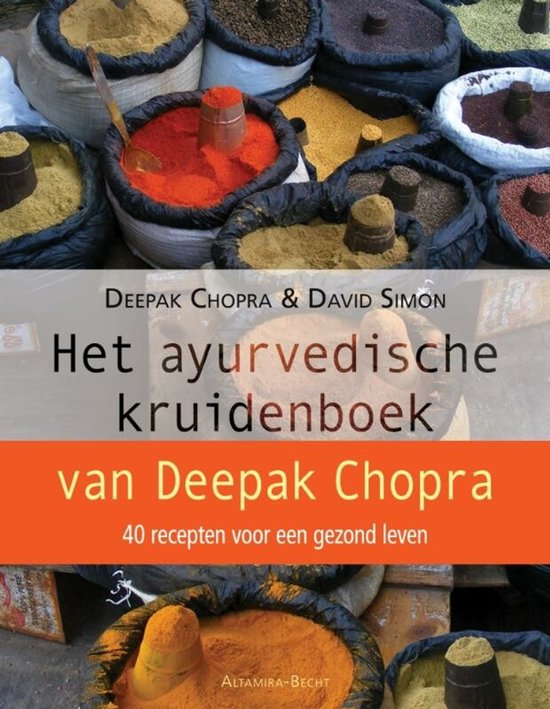 Boekcover van Het Ayurvedische kruidenboek van Deepak Chopra, met zakken vol kruiden.