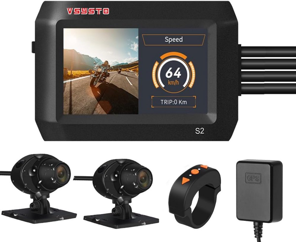 Motorfiets Dashcam Dual Lens Full HD 1080P met Scherm, Nachtzicht & WiFi