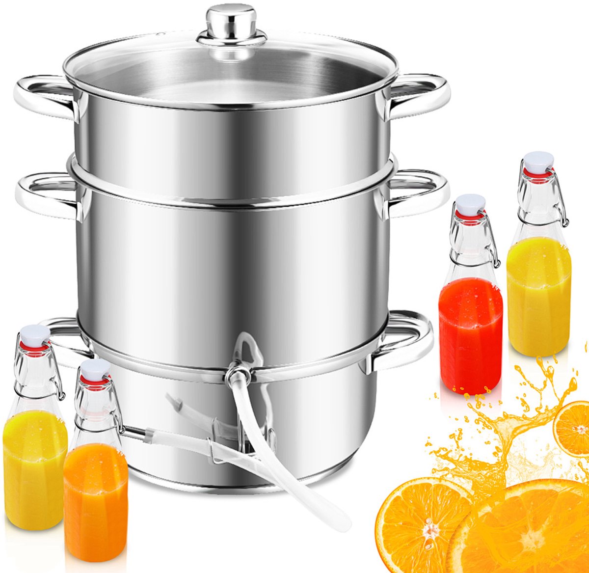 Stoomsapper 8 Liter – Fruitsapper voor Obst en Groenten, Sapmachine, Inkl. 4x Bügelflasche, Inductiegeschikt & Vaatwasserbestendig