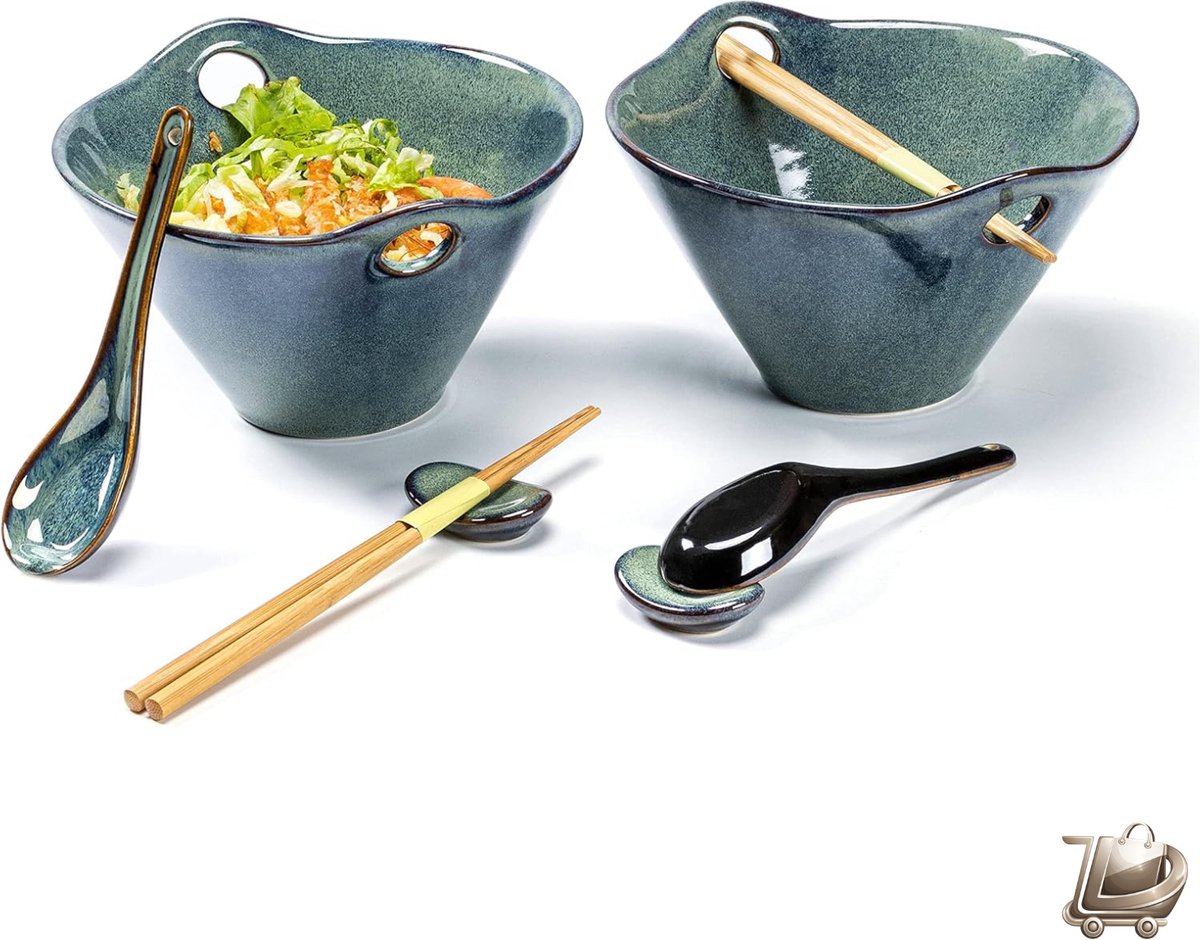 Keramische Soepkommen Set - Ramen Kommen met Lepels, Vorken en Eetstokjes - Noodle en Cereal Kommen - Salade en Soep Schalen - Magnetronbestendig - 2 x 600 ml - Groen
