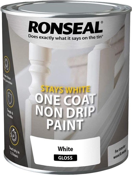 Ronseal "STAYS WHITE" "ONE COAT NON DRIP PAINT" glanslak wit voor binnenhout en metaal.