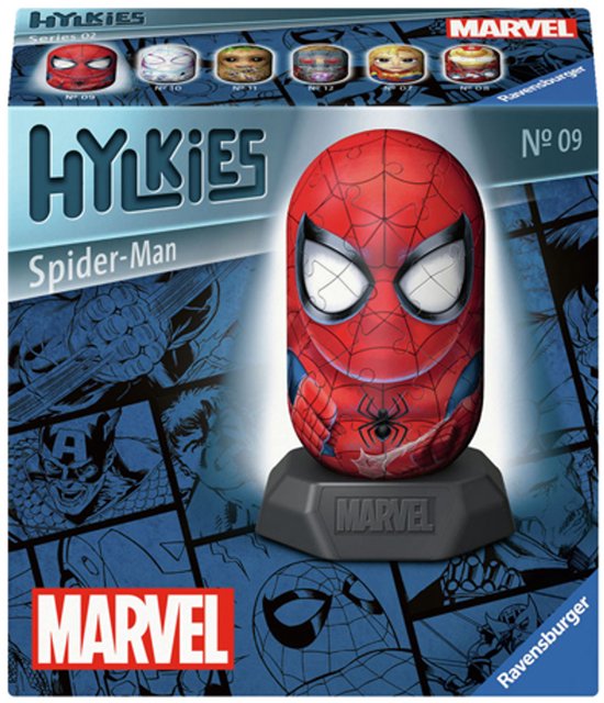 Boîte de figurine puzzle Hylkies Spider-Man. La boîte montre une tête d'araignée rouge avec des détails bleus et un logo Marvel.