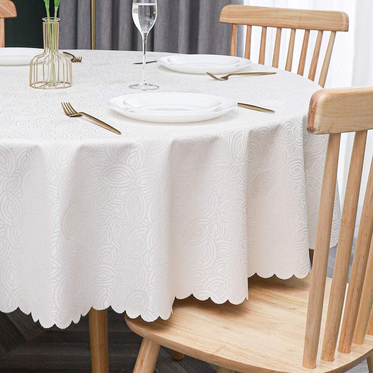 Ronde PVC Tafelkleed Waterdicht en Afwasbaar - Ideaal voor Binnen & Buiten (Bladeren Wit)