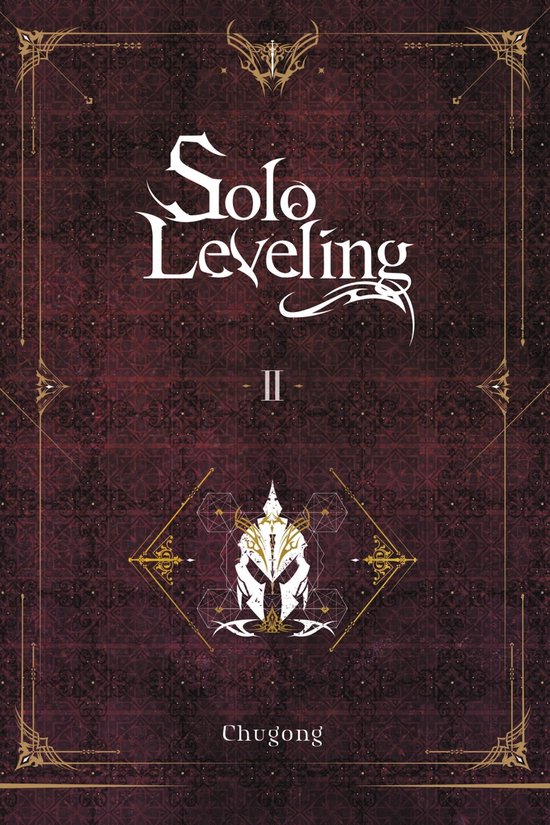 Boek "Solo Leveling II" van Chugong met een donkerrode, patroonachtige achtergrond en een witte helm met gouden ornamenten.