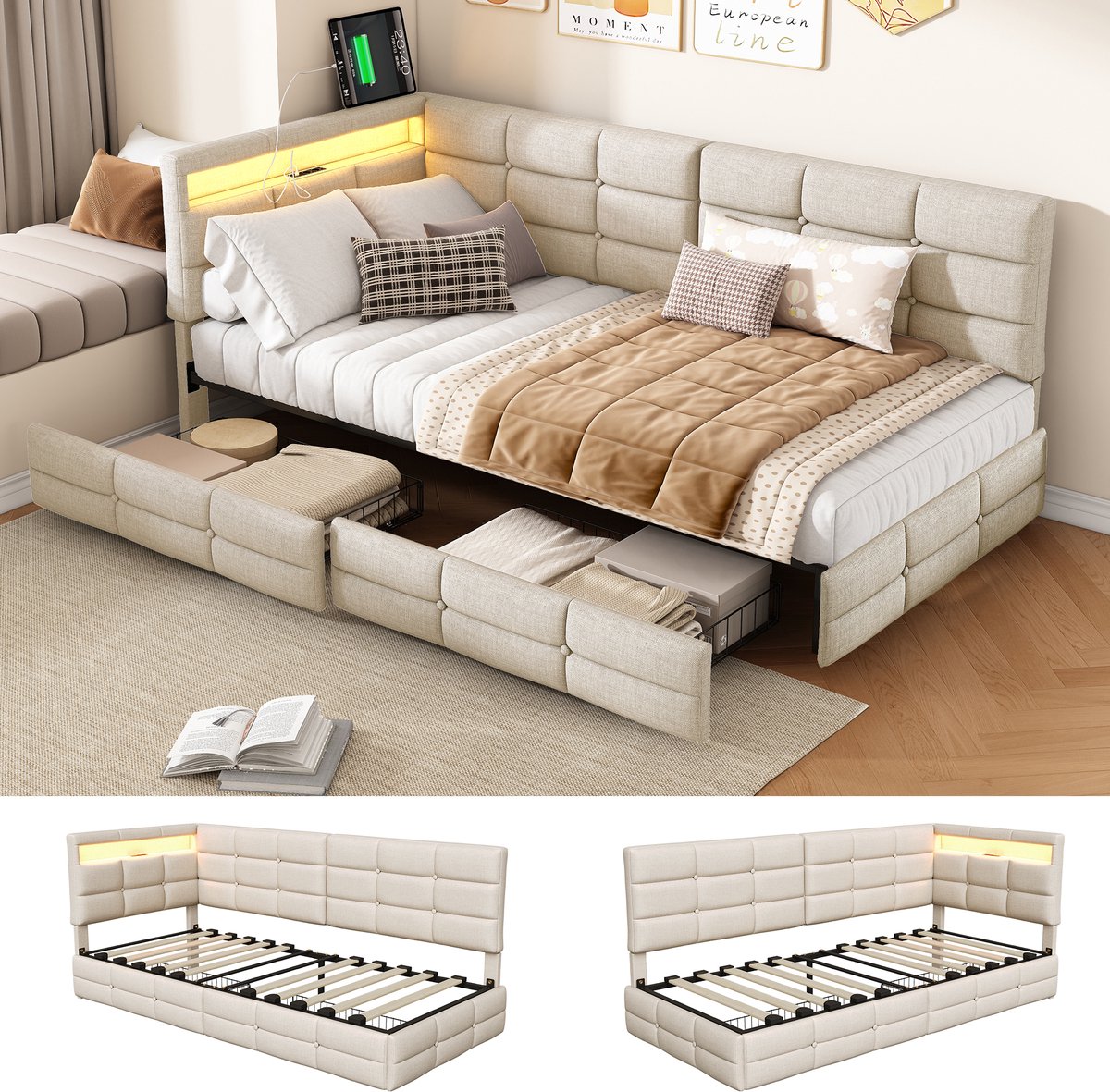 ROSAHQNDA L-vormige slaapbank 90x200cm met 2 lades, dagbed, kinderbed, eenpersoonsbed, verstelbaar hoofdeinde, jeugdbedframe, beige linnen stof