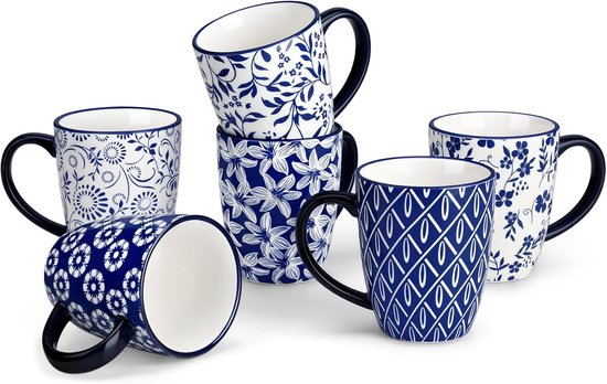 Coffee Cups Set of 6 - SELENE Porcelain Cups, 360 ml - Ideaal voor Koffie, Melk, Thee en Cacao - Vintage Blauw-Wit