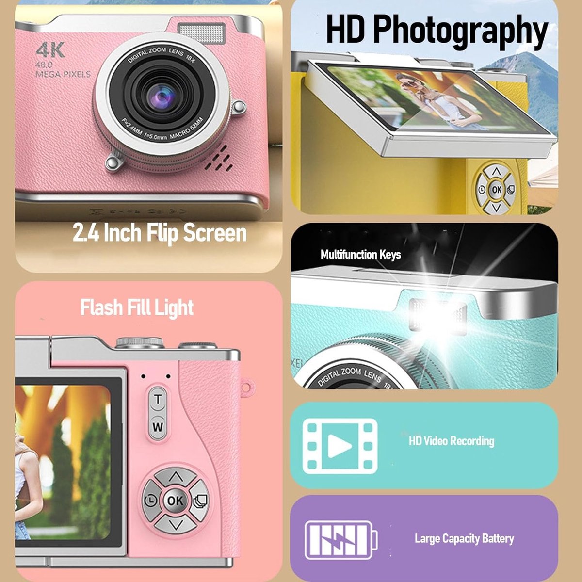 pinnacle living Digitale camera - 1080P HD 48MP digitale point-and-shoot camera met 2,4 inch HD-klapscherm, ingebouwde LED-vullamp, 8x digitale zoom, voor tieners en studenten thumbnail 6