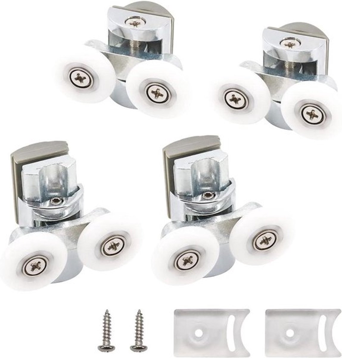 4 stuks douchedeurwielen voor glas 4-8 mm - 2 bovenste en 2 onderste wielen van kunststof
