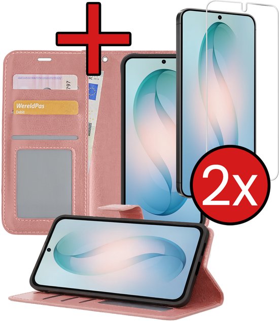 Étui de téléphone rose style portefeuille avec deux protecteurs d'écran et un porte-cartes.