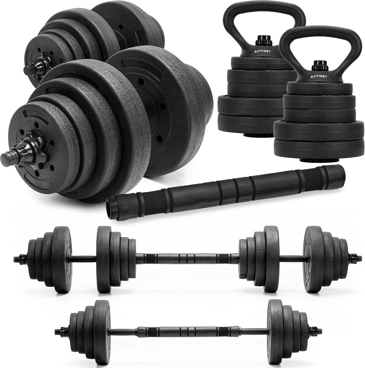 Actiget® Dumbellset - Verstelbare Kettlebel - 30 KG - Trainings Set - Halter Verlengstuk - Verstelbaar - Complete Set - Thuis Sporten - Zwart