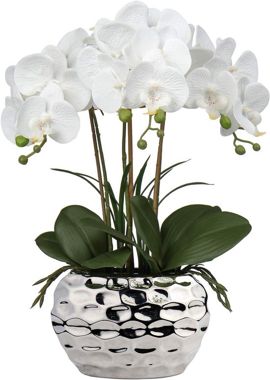 Grote Witte Zijden Orchidee in Zilveren Keramische Vaas - Realistische Kunstbloem voor Huis & Kantoor