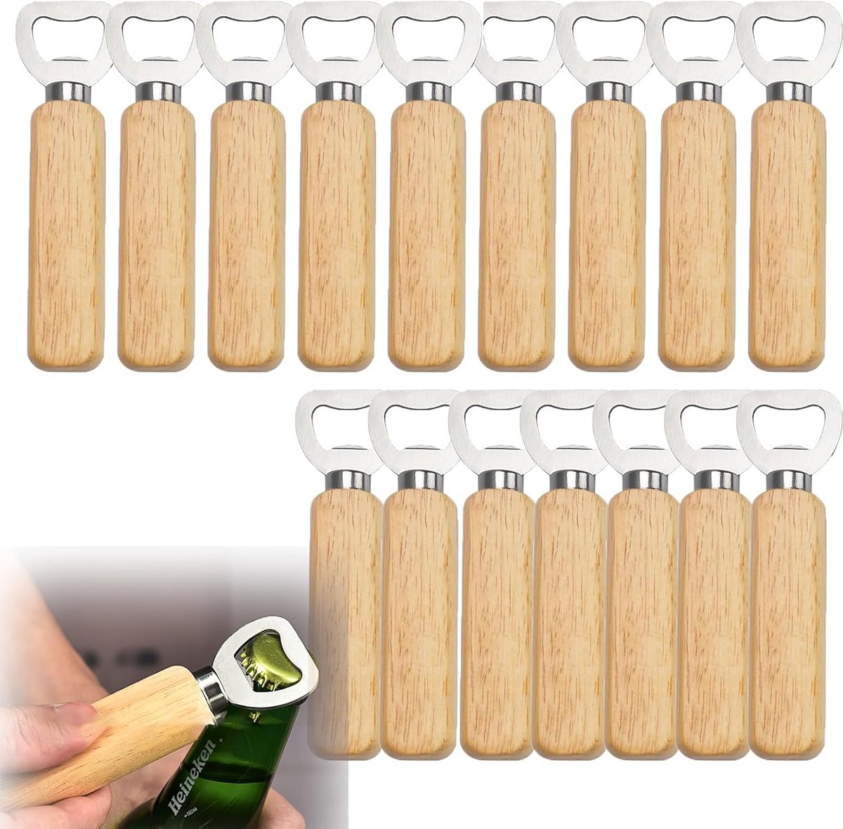 16x Houten Flesopeners - Draagbaar & Graveertrauw - Bieropener voor Dranken, Wijn en Cadeau