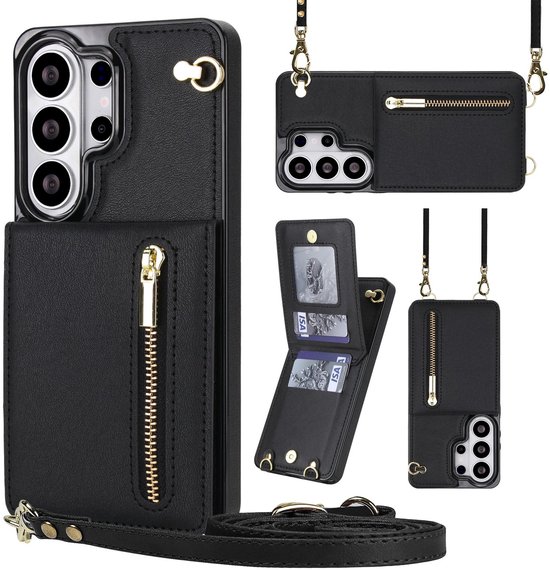 Samsung Galaxy S26 Ultra Hoesje Zwart – Schokbestendig Wallet Case Met Koord, Pasjeshouder & Standaard