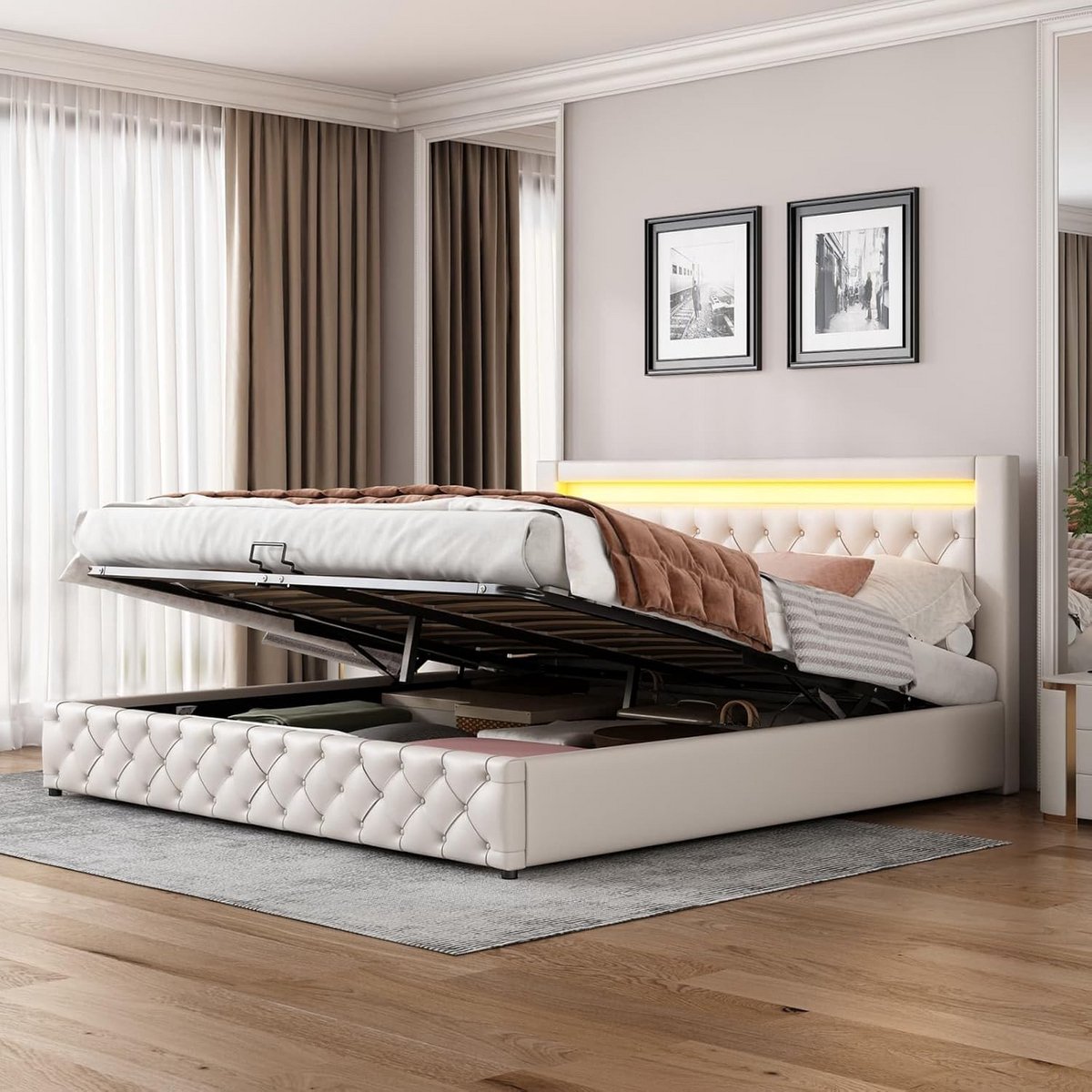 Tweepersoons Bed met Opbergruimte en LED Verlichting, Modern Gestoffeerd 180x200 cm Wit