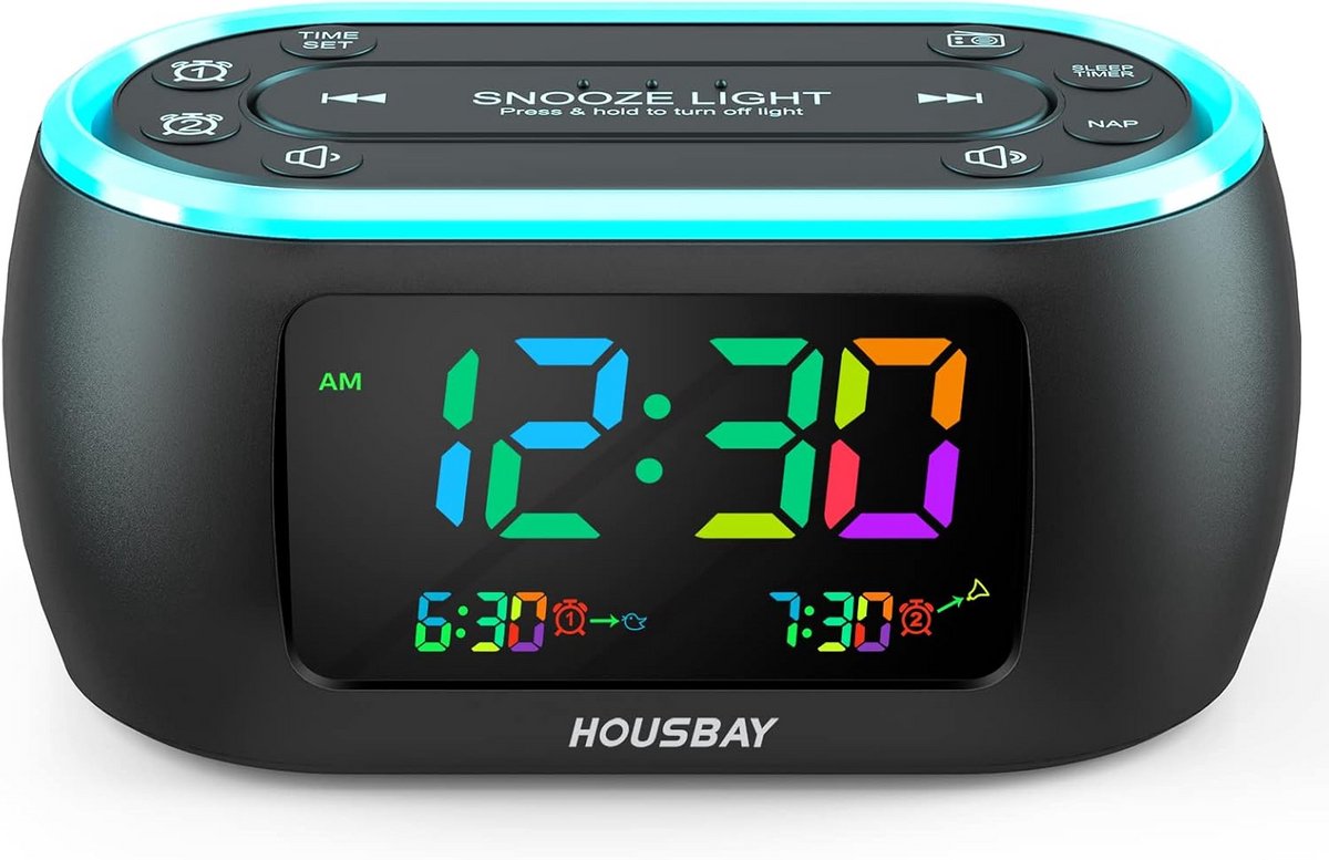 Digitale Wekker met FM Radio, 7 Kleuren Nachtlampje en USB-poort