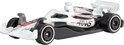 Wit met zwarte en rode accenten Formule 1 auto met 'HAAS' logo.