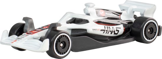 Wit met zwarte en rode accenten Formule 1 auto met 'HAAS' logo.
