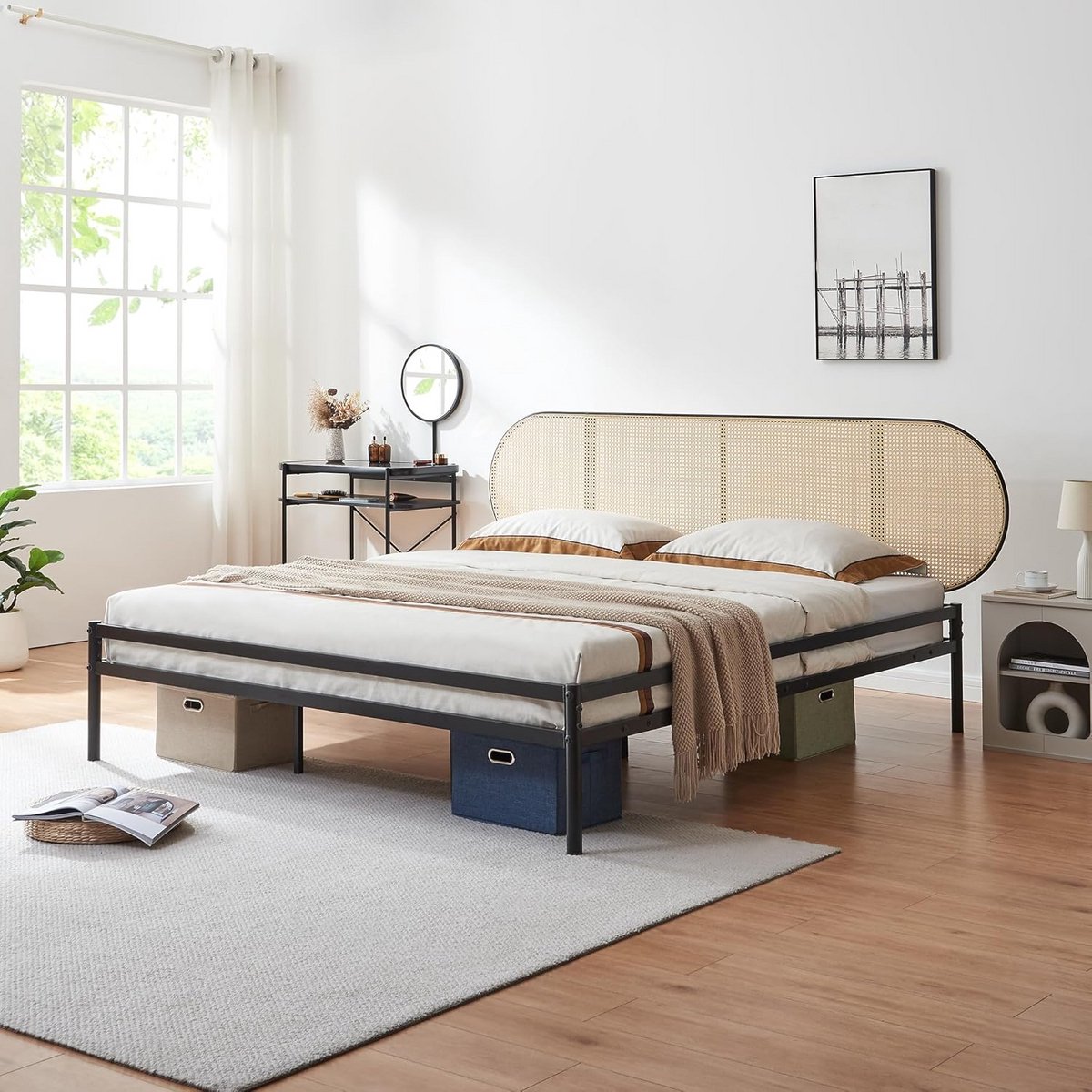 Metalen tweepersoonsbed 180x200 cm Zwart met Hoofdbord in Rotanlook | Stevig Bedframe met Lattenbodem
