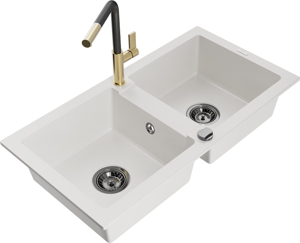 Mexen Mario granieten spoelbak 2-kamer met keukenkraan Flora, wit - 6504-20-670401-57-B