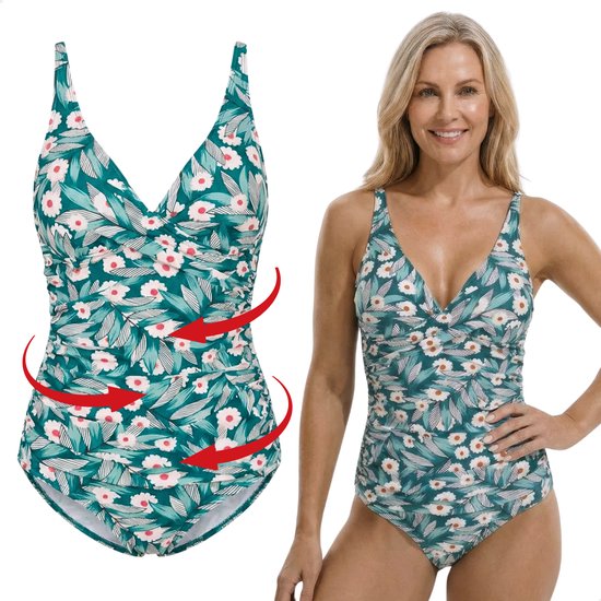 RENALUX - Maillot de bain gainant femme à bretelles réglables - Maillot de bain sculptant - Maillots de bain gainants pour femme - Vert à imprimé floral - L