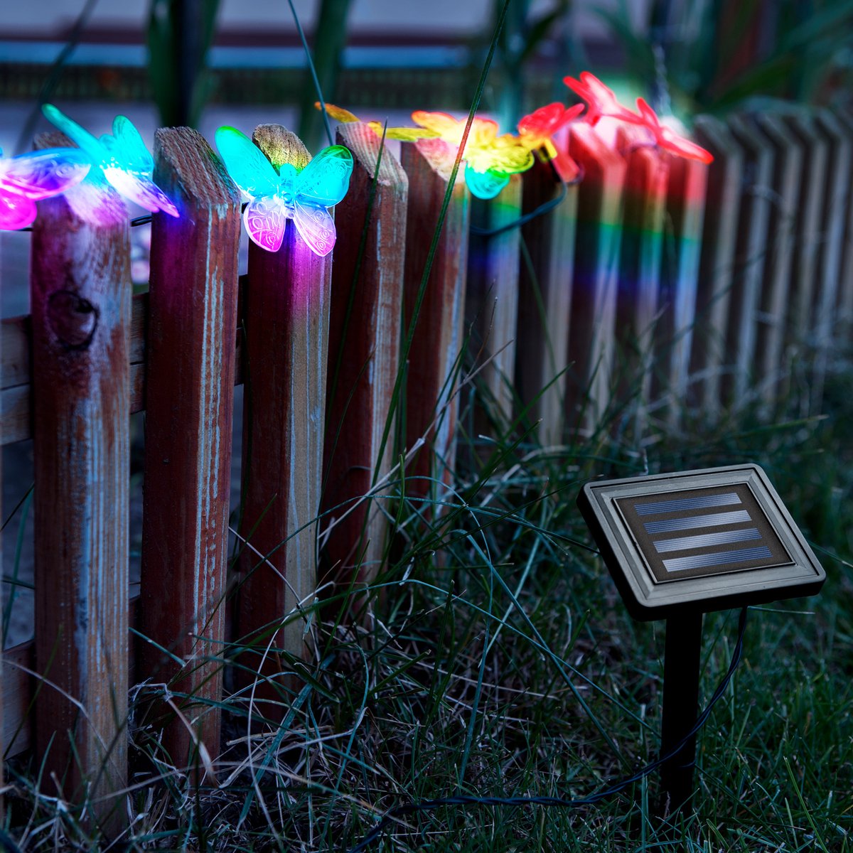 Solar LED Lichtsnoer Vlinder – 10 Gekleurde LED’s – 2 M – Op Zonne-Energie – Automatisch Aan Bij Schemer – Decoratieve Buitenverlichting Voor Tuin, Balkon En Terras [11758A]