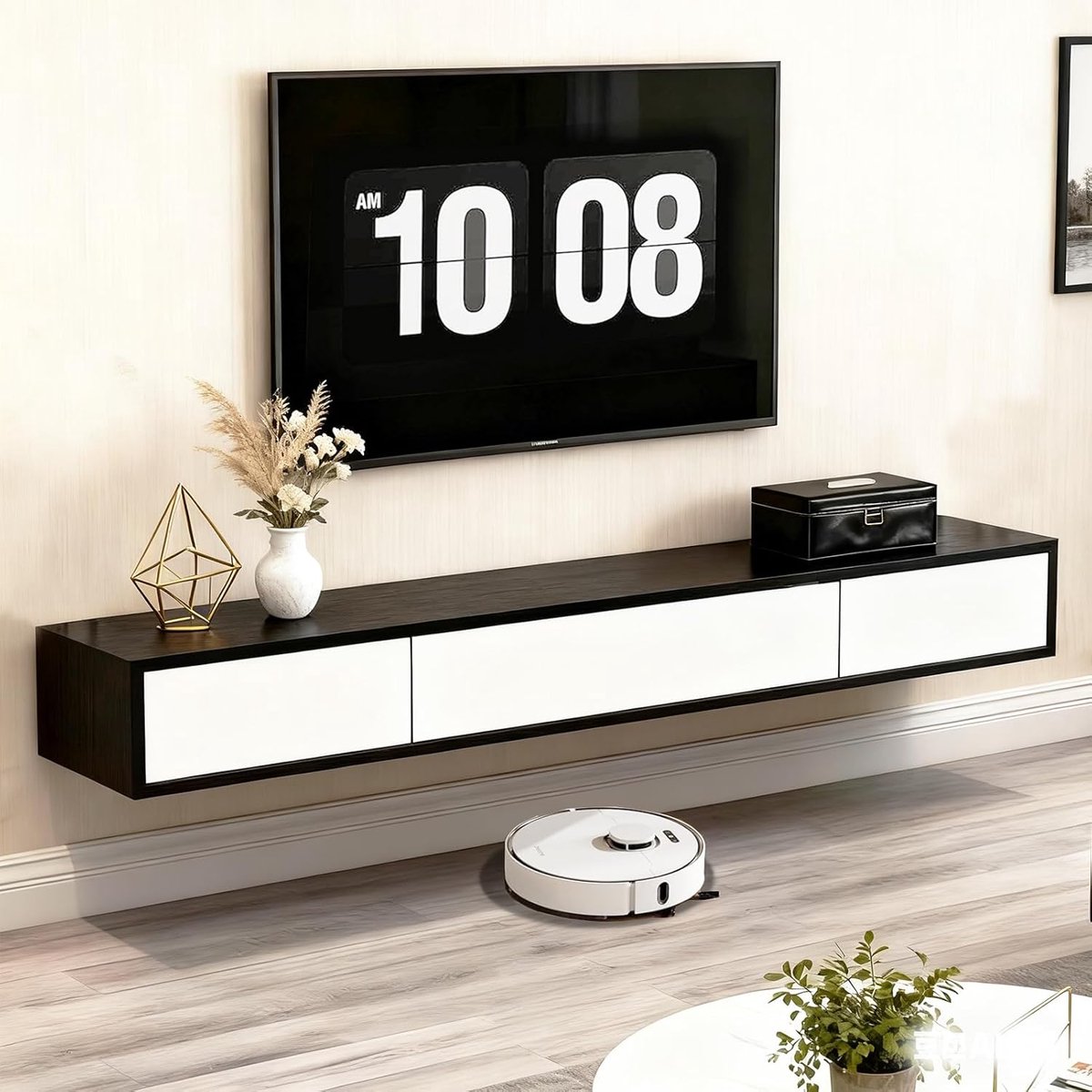 TV Lowboard hangend Urbanhome Eleganto – Zwevend TV-board 160 cm, moderne houten TV-kast met push-to-open deuren en ruime opbergvakken – Hangend lowboard voor woonkamer en slaapkamer – Zwart-wit