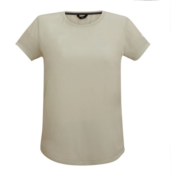 Licht beige T-shirt met korte mouwen, ronde hals en mesh structuur.